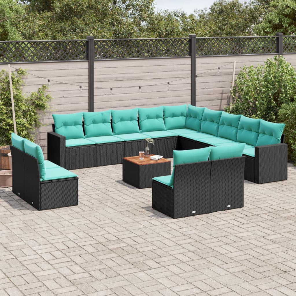14-tlg. Garten-Sofagarnitur mit Kissen Schwarz Poly Rattan