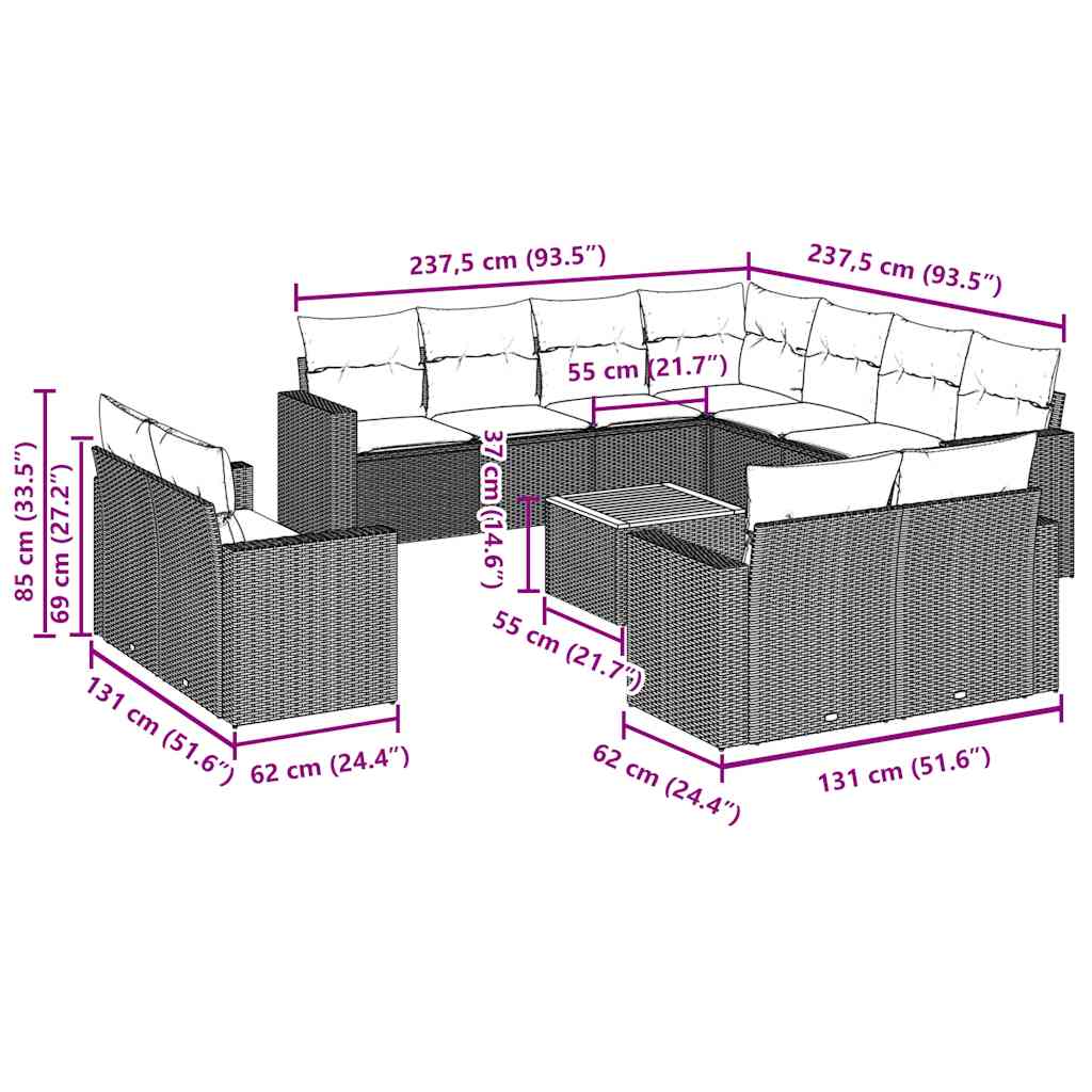 12-tlg. Garten-Sofagarnitur mit Kissen Schwarz Poly Rattan