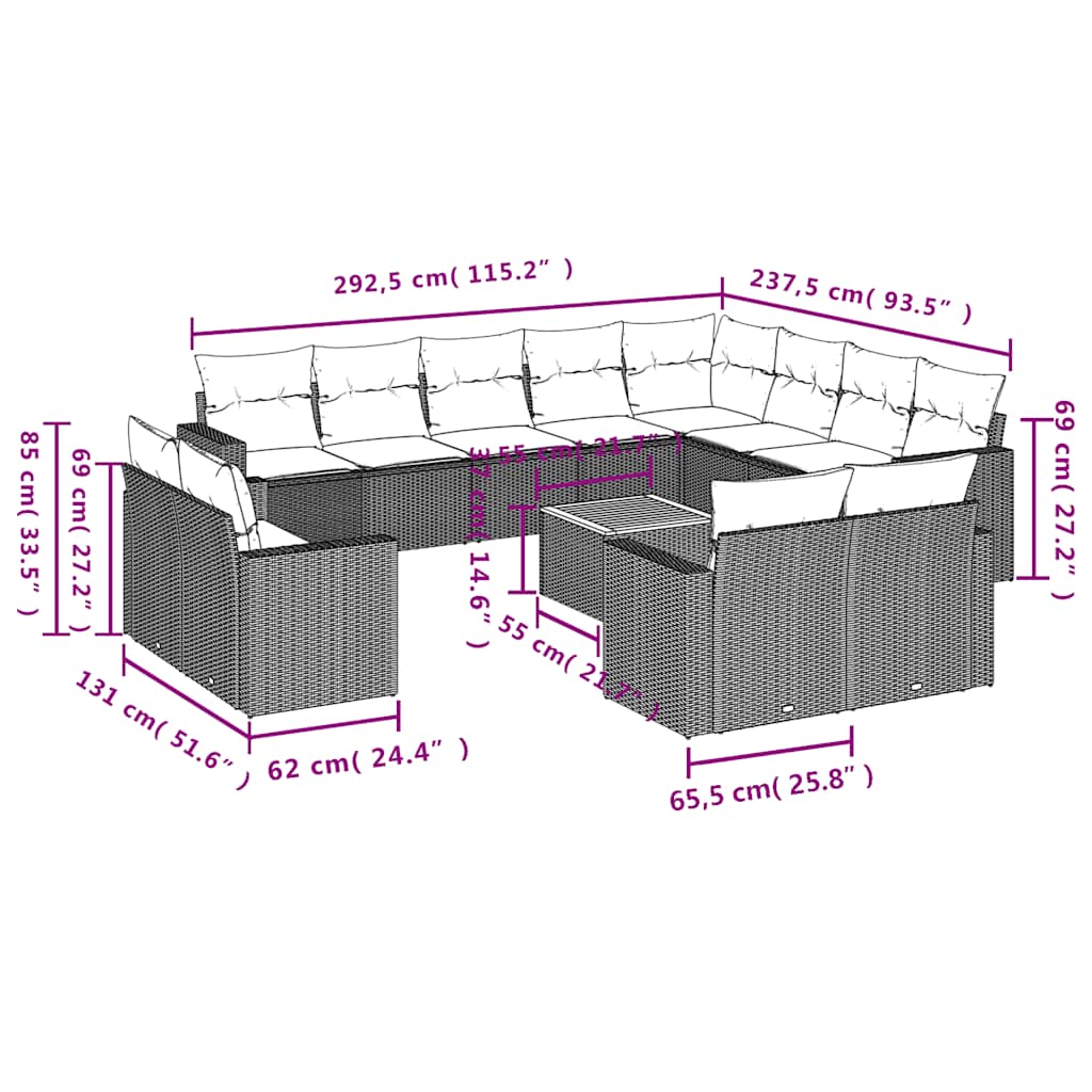 13-tlg. Garten-Sofagarnitur mit Kissen Schwarz Poly Rattan