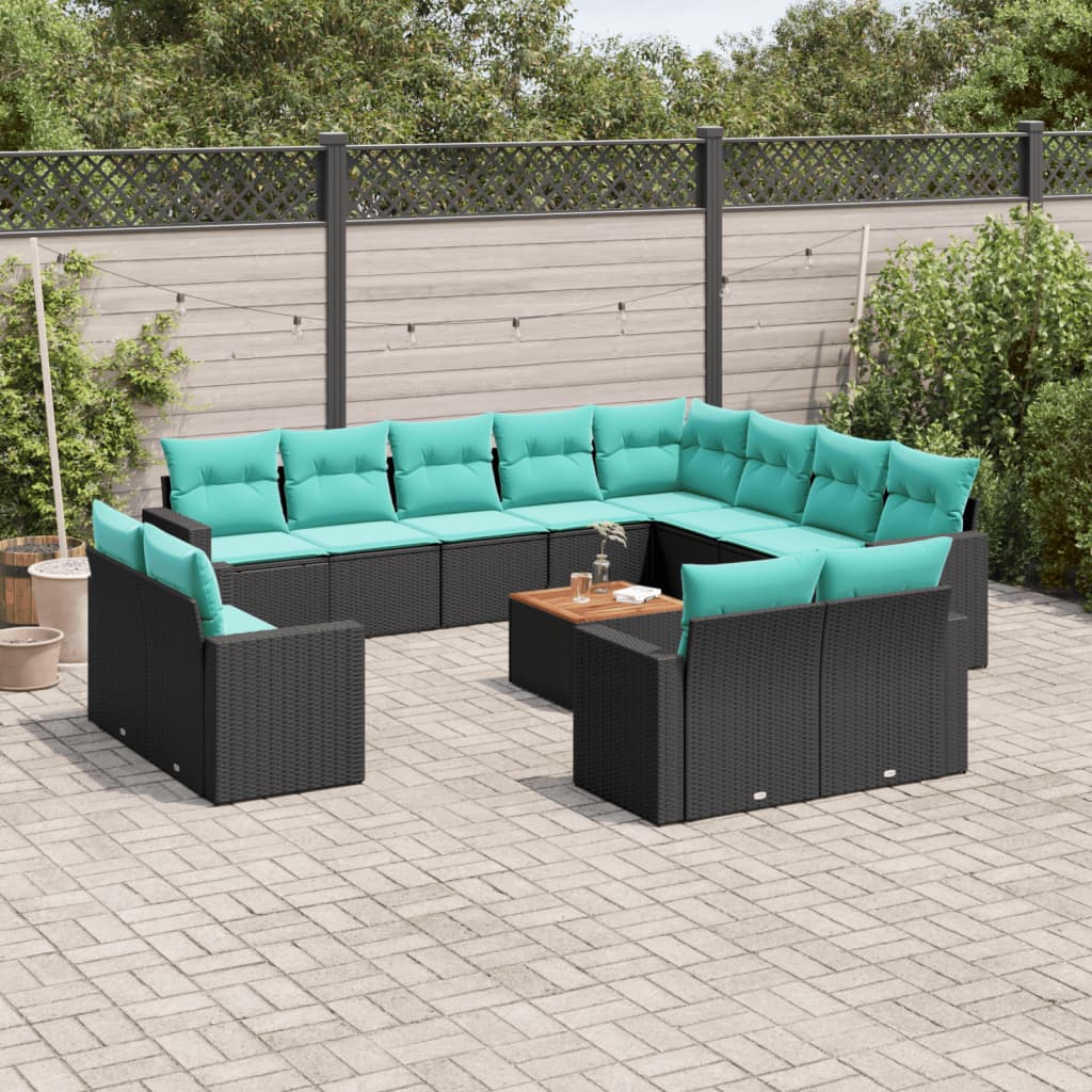 13-tlg. Garten-Sofagarnitur mit Kissen Schwarz Poly Rattan