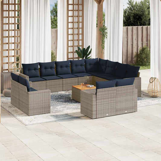 13-tlg. Garten-Sofagarnitur mit Kissen Grau Poly Rattan