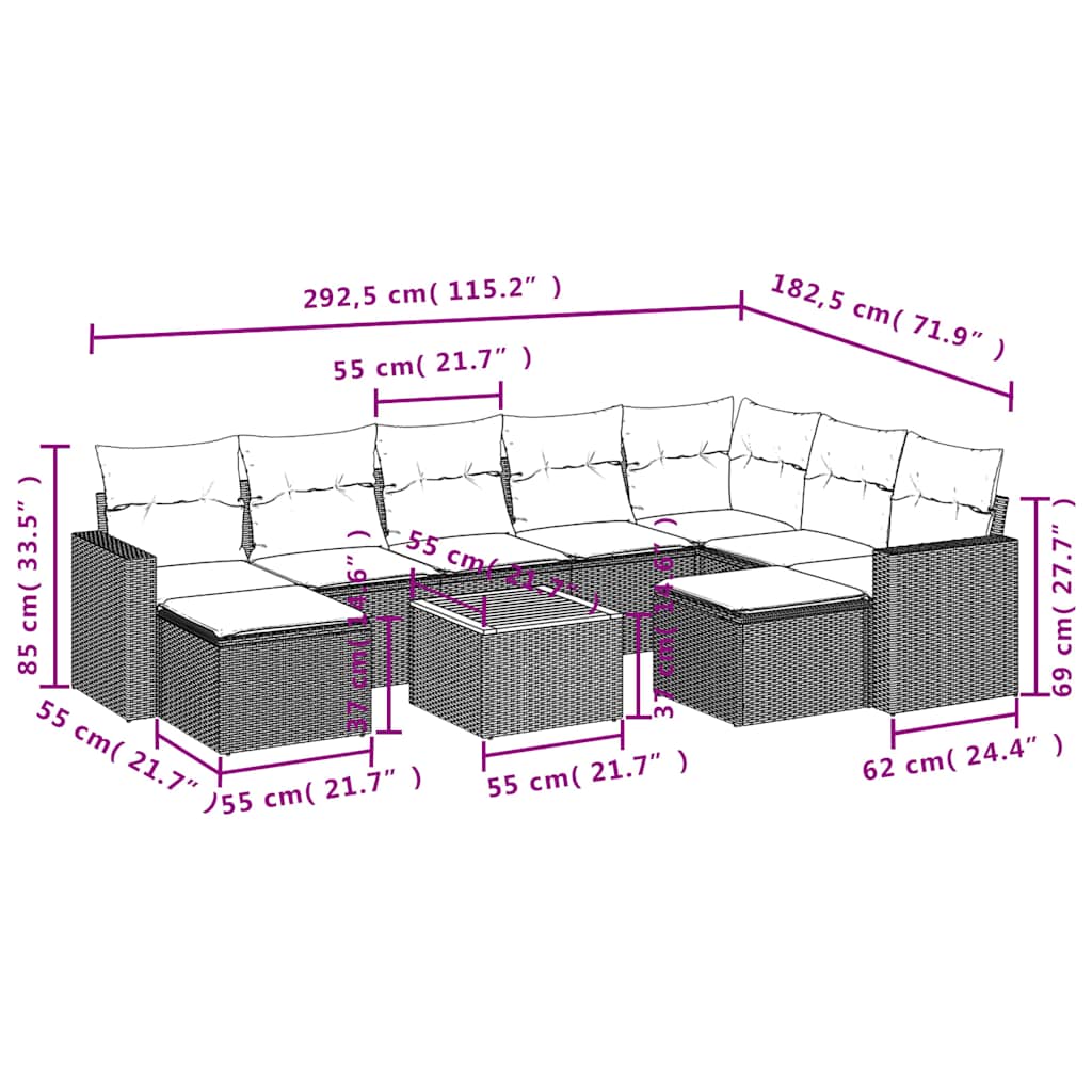 10-teiliges Gartensofa-Set mit Kissen, grau, Polyrattan