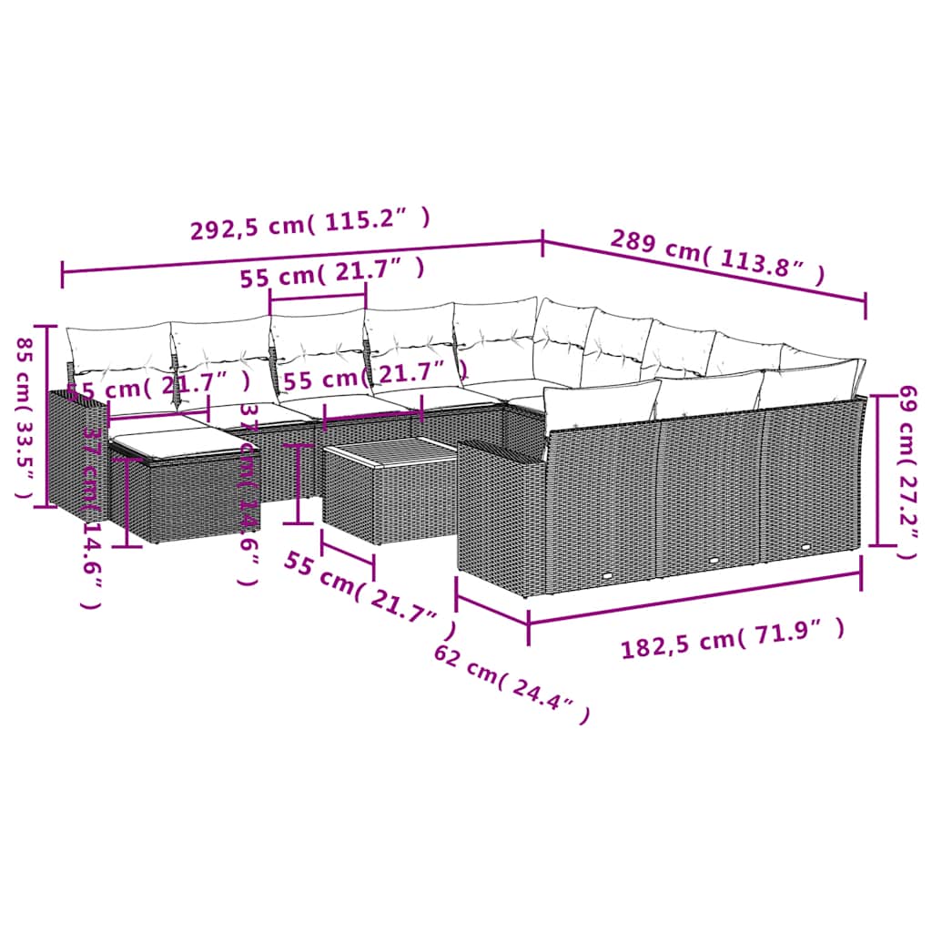 13-teiliges Gartensofa-Set mit Kissen, grau, Polyrattan