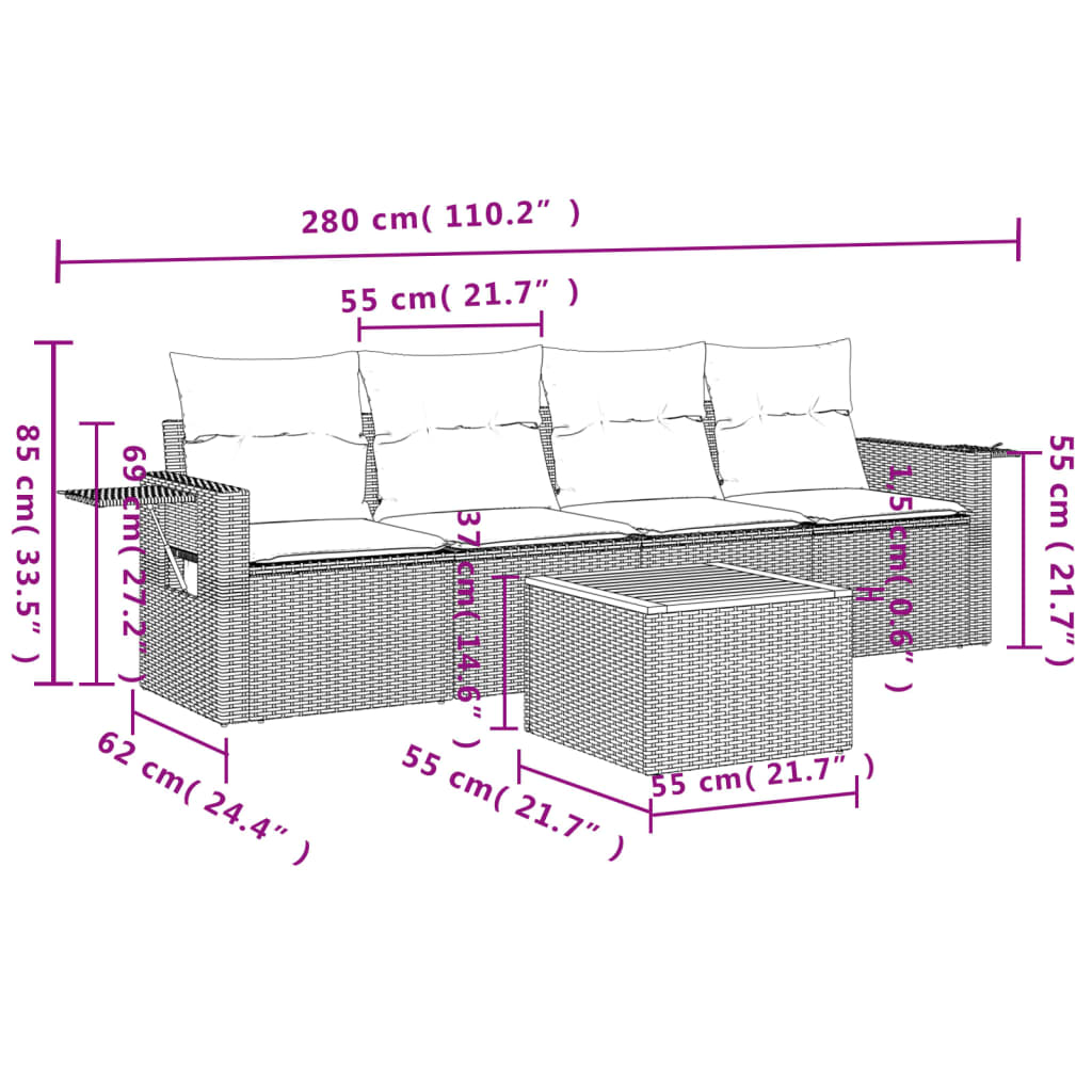 5-tlg. Garten-Sofagarnitur mit Kissen Beige-Mix Poly Rattan