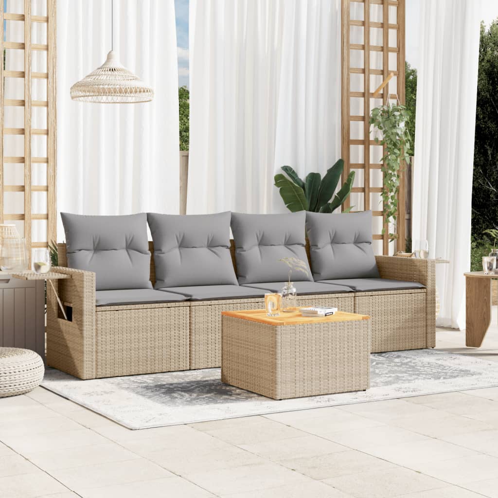 5-tlg. Garten-Sofagarnitur mit Kissen Beige-Mix Poly Rattan