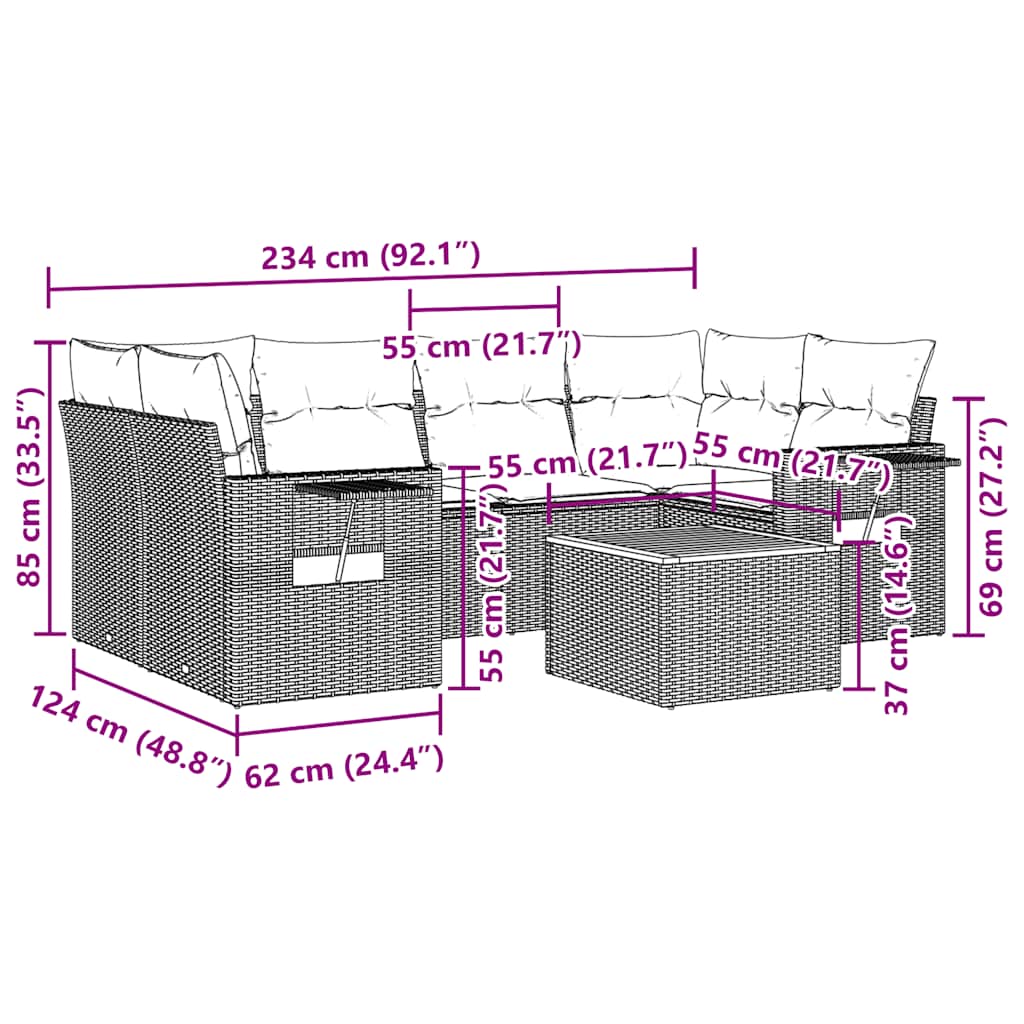 7-tlg. Garten-Sofagarnitur mit Kissen Schwarz Poly Rattan