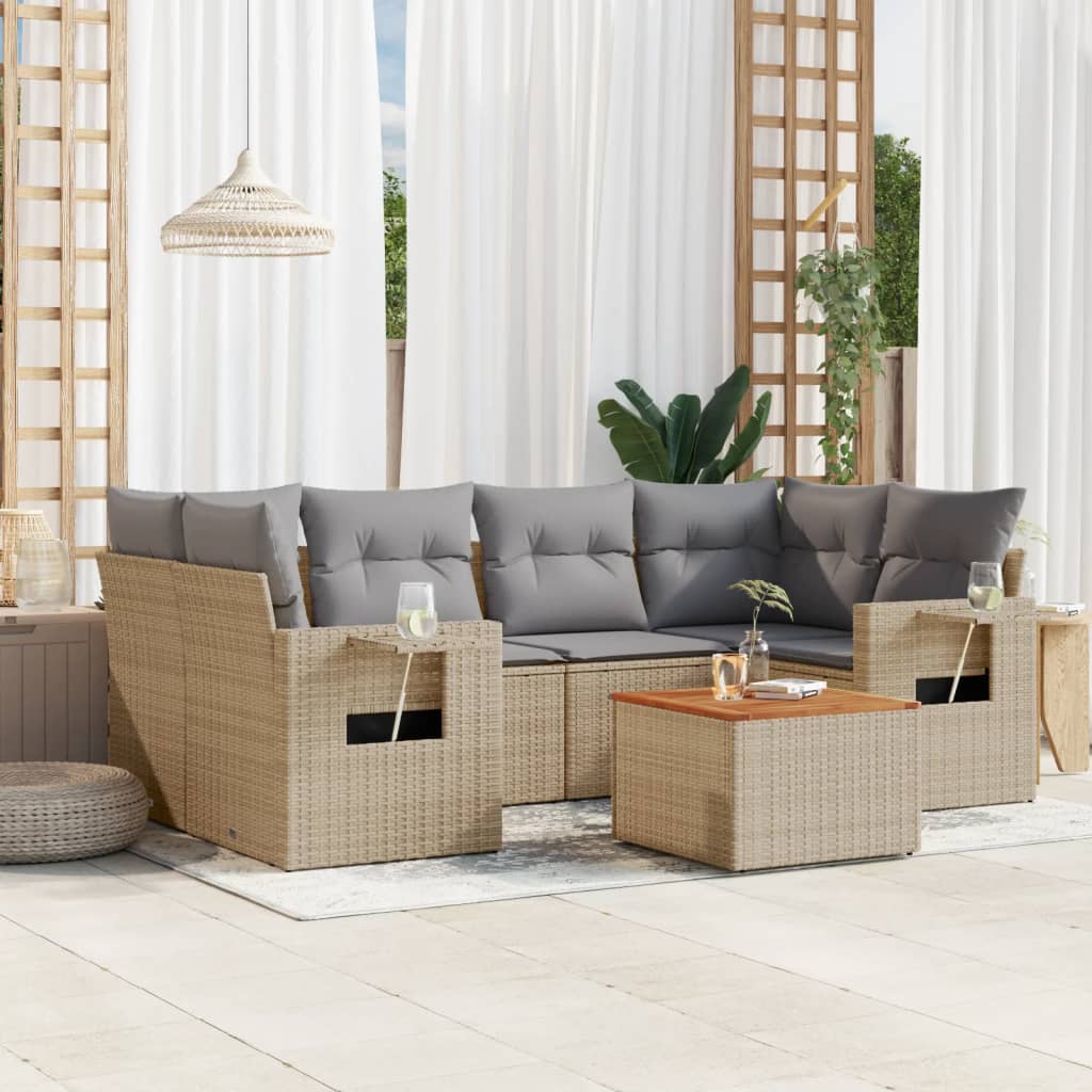7-tlg. Garten-Sofagarnitur mit Kissen Beige-Mix Poly Rattan