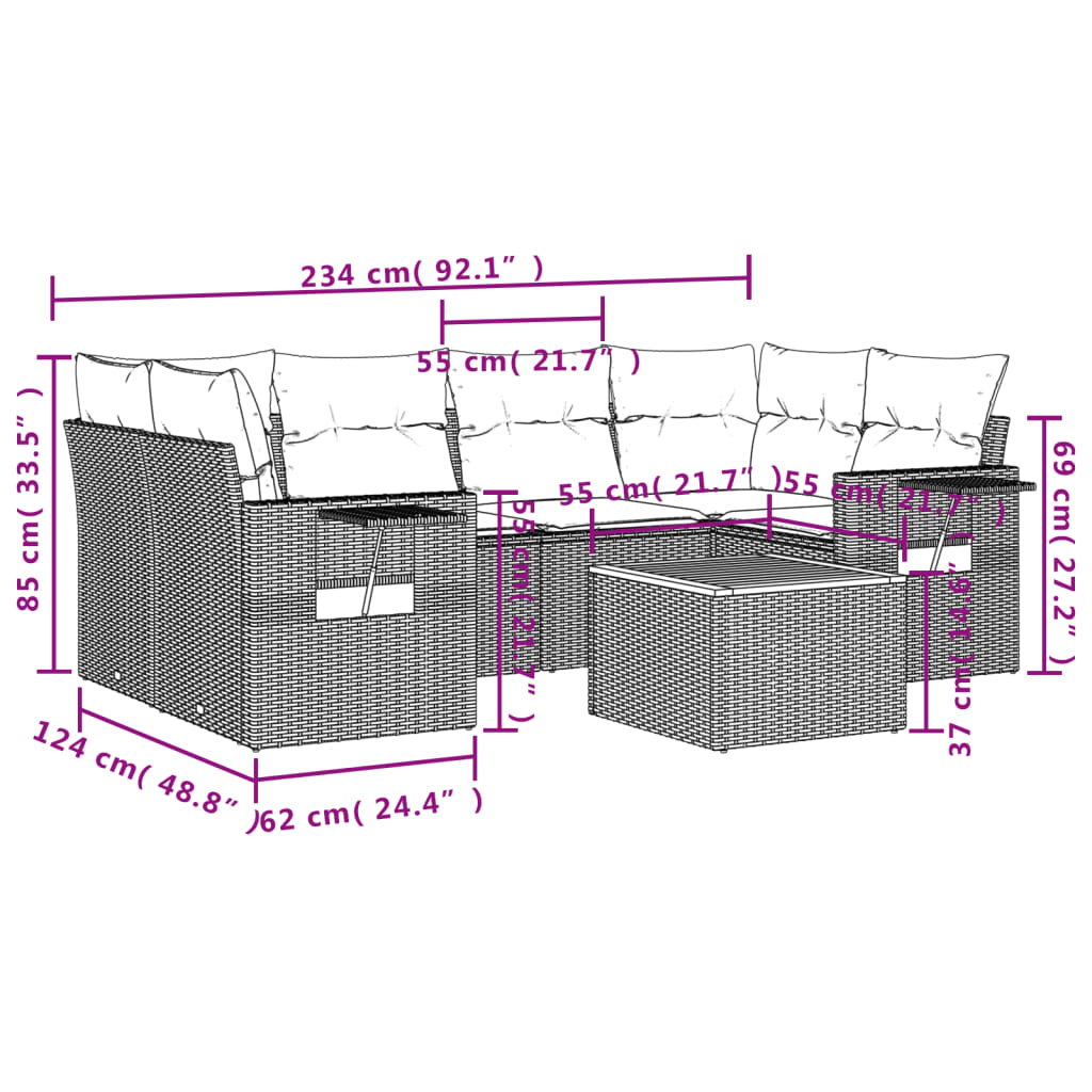 7-tlg. Garten-Sofagarnitur mit Kissen Grau Poly Rattan
