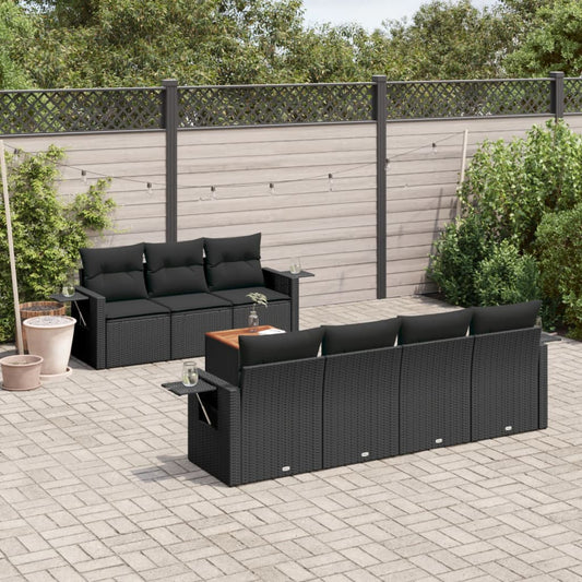 8-piece garden sofa set with cushions, black poly rattan