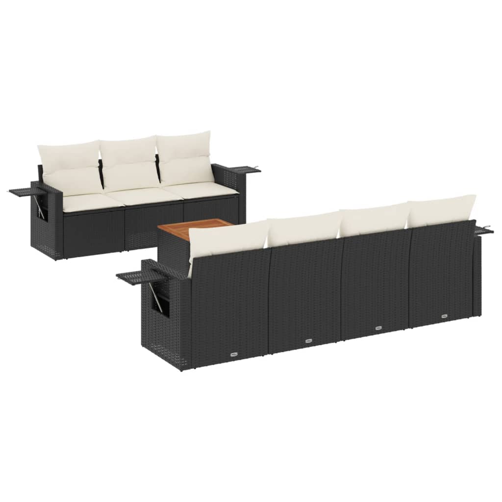 8-piece garden sofa set with cushions, black poly rattan