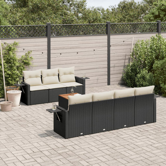 8-piece garden sofa set with cushions, black poly rattan