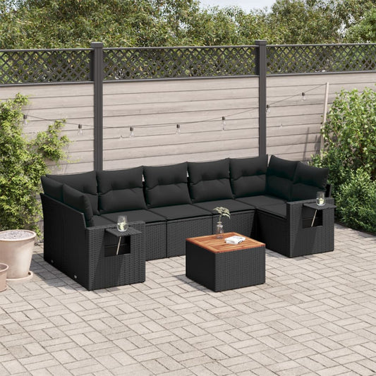 8-piece garden sofa set with cushions, black poly rattan