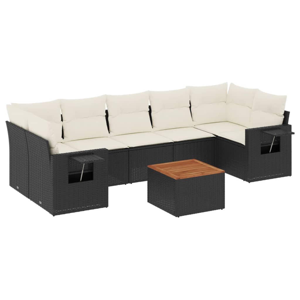 8-piece garden sofa set with cushions, black poly rattan