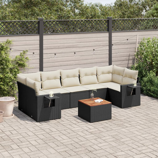 8-piece garden sofa set with cushions, black poly rattan