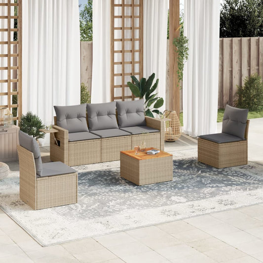 6-tlg. Garten-Sofagarnitur mit Kissen Beige Poly Rattan