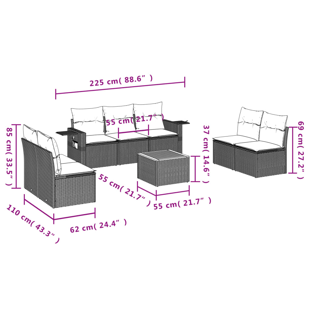 8-piece garden sofa set with cushions, black poly rattan