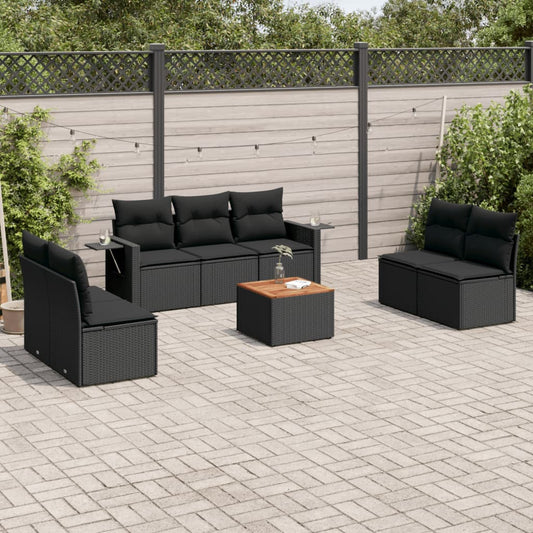 8-piece garden sofa set with cushions, black poly rattan