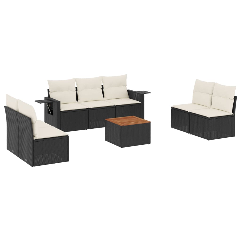 8-piece garden sofa set with cushions, black poly rattan