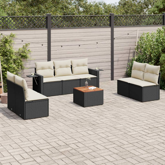 8-piece garden sofa set with cushions, black poly rattan
