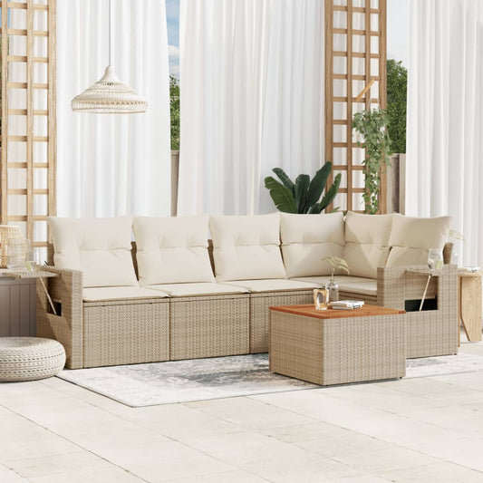 6-tlg. Garten-Sofagarnitur mit Kissen Beige Poly Rattan