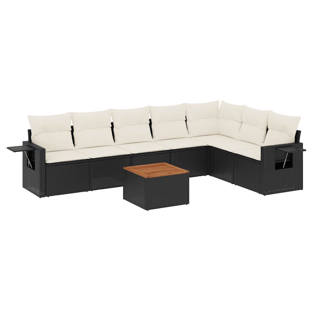8-piece garden sofa set with cushions, black poly rattan