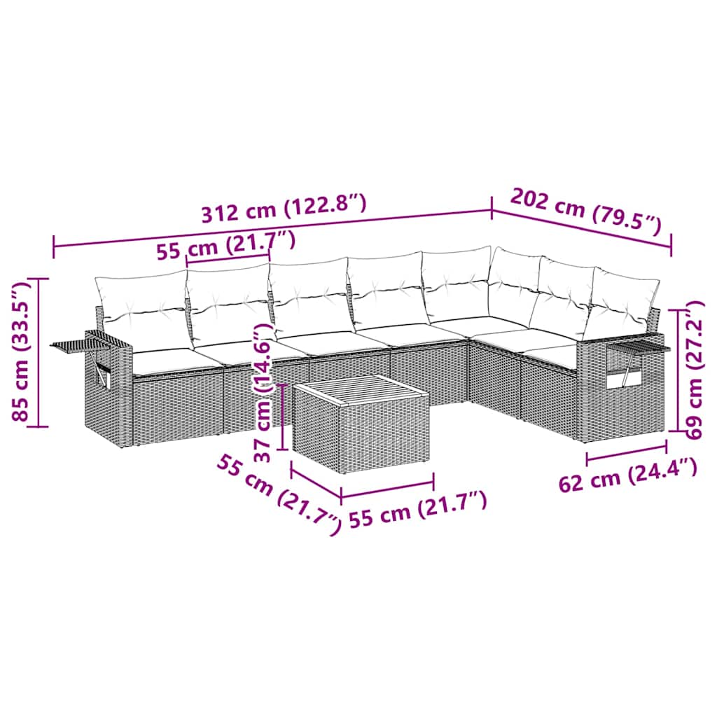 8-piece garden sofa set with cushions, black poly rattan