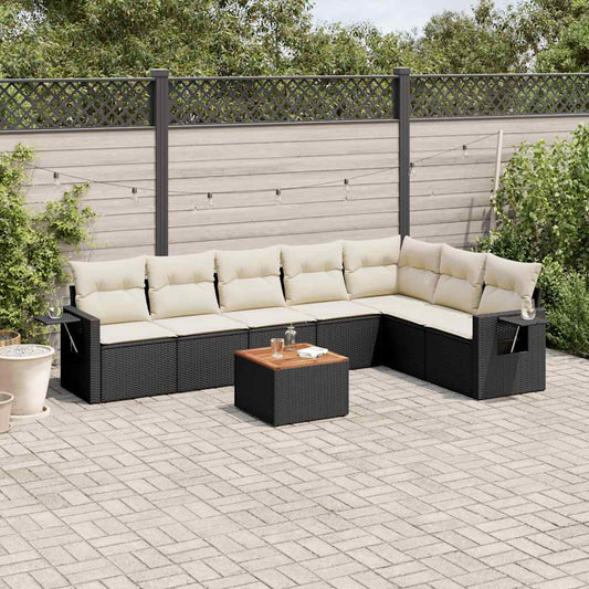 8-piece garden sofa set with cushions, black poly rattan