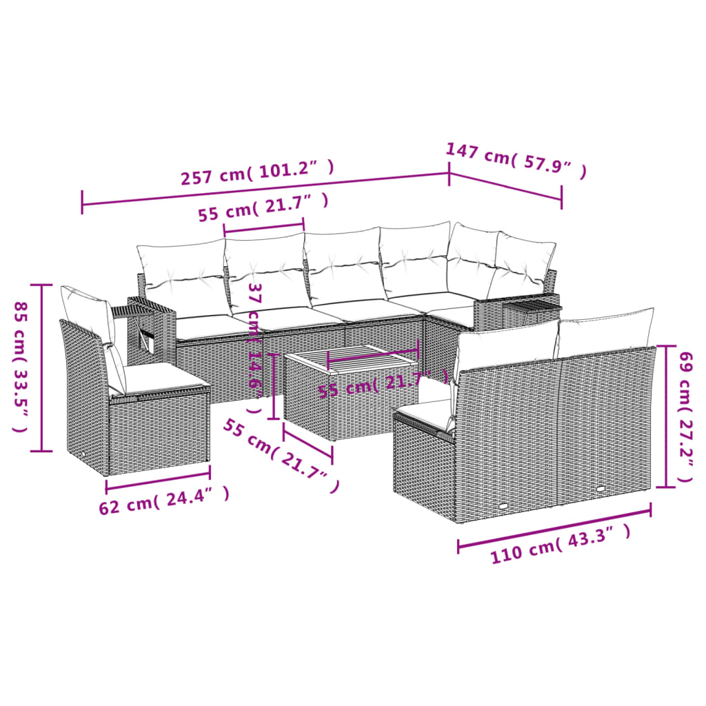 9-tlg. Garten-Sofagarnitur mit Kissen Grau Poly Rattan