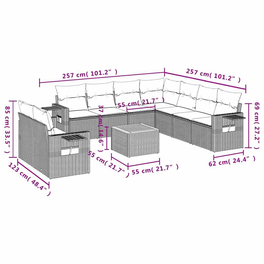 10-tlg. Garten-Sofagarnitur mit Kissen Schwarz Poly Rattan
