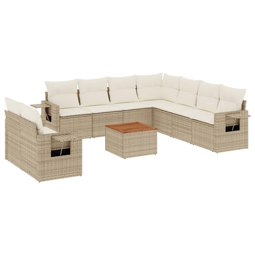 10-tlg. Garten-Sofagarnitur mit Kissen Beige Poly Rattan