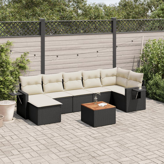 8-piece garden sofa set with cushions, black poly rattan