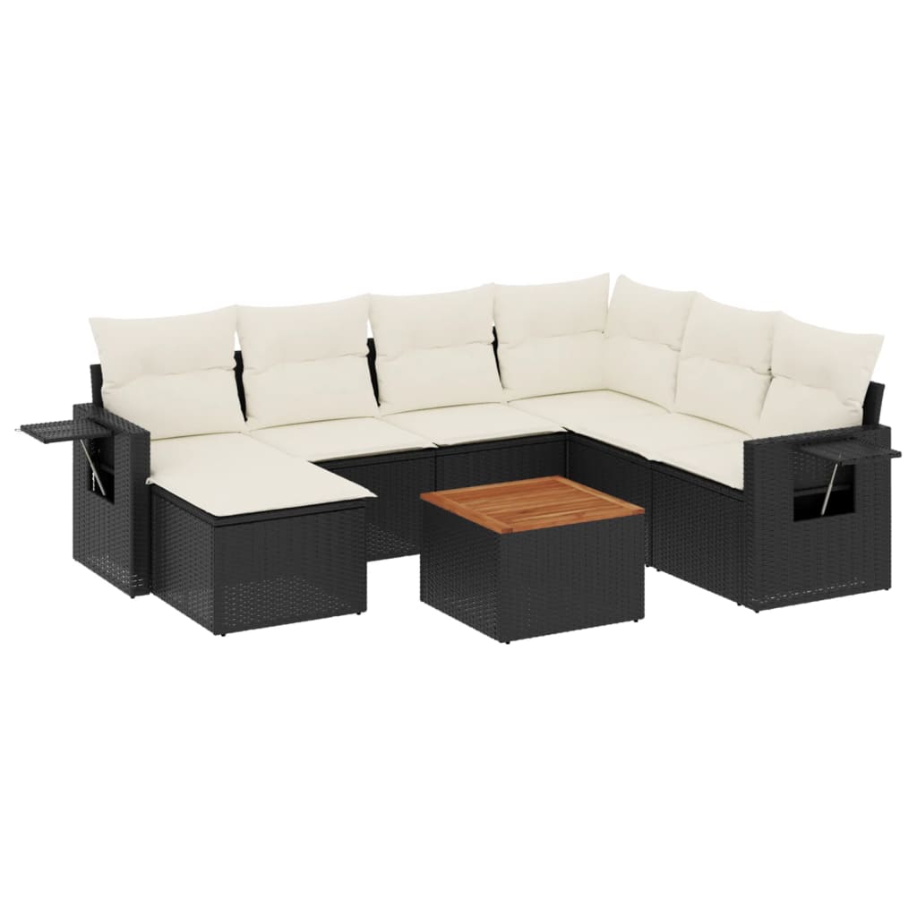8-piece garden sofa set with cushions, black poly rattan