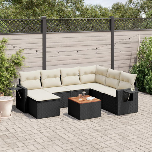 8-piece garden sofa set with cushions, black poly rattan