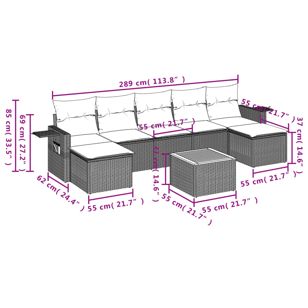 8-piece garden sofa set with cushions, black poly rattan