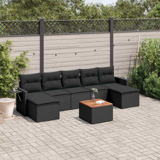 8-piece garden sofa set with cushions, black poly rattan