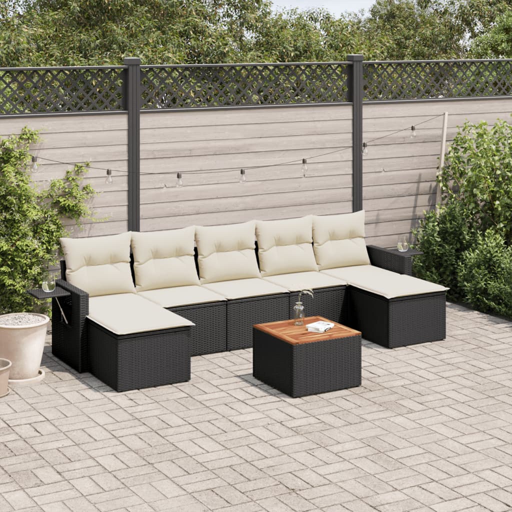 8-piece garden sofa set with cushions, black poly rattan