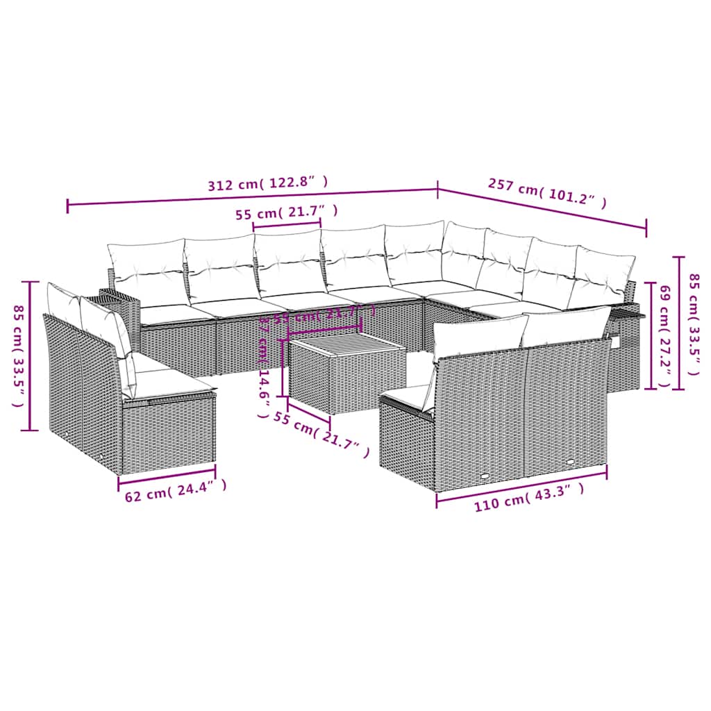 13-tlg. Garten-Sofagarnitur mit Kissen Schwarz Poly Rattan
