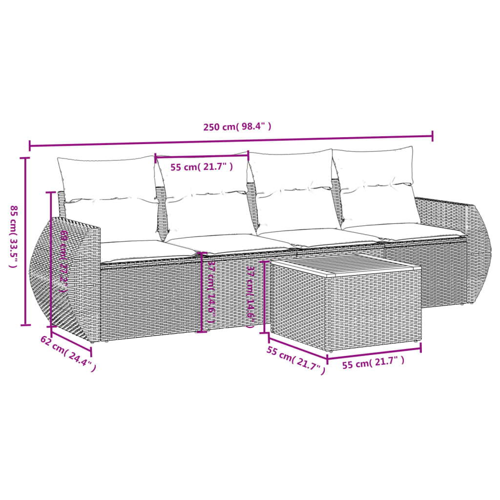 5-tlg. Garten-Sofagarnitur mit Kissen Beige Poly Rattan