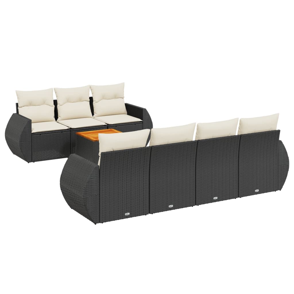 8-piece garden sofa set with cushions, black poly rattan