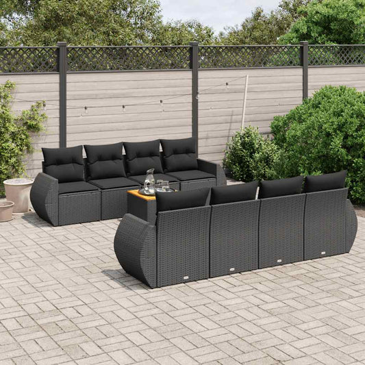 9-tlg. Garten-Sofagarnitur mit Kissen Schwarz Poly Rattan