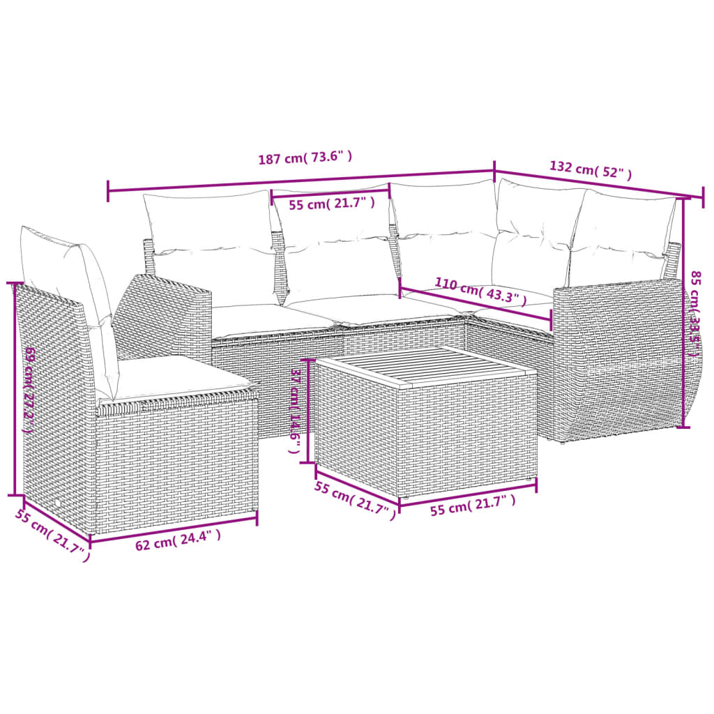 6-tlg. Garten-Sofagarnitur mit Kissen Schwarz Poly Rattan