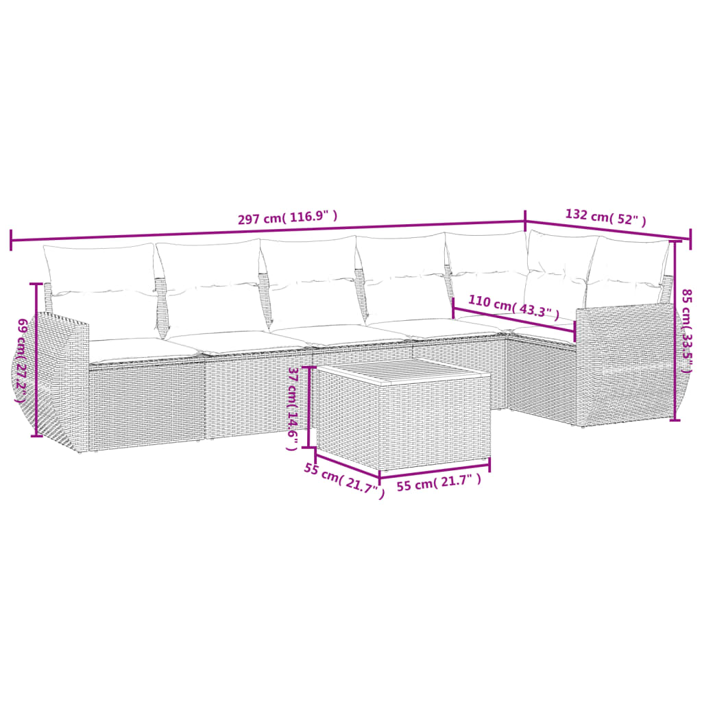 7-tlg. Garten-Sofagarnitur mit Kissen Grau Poly Rattan