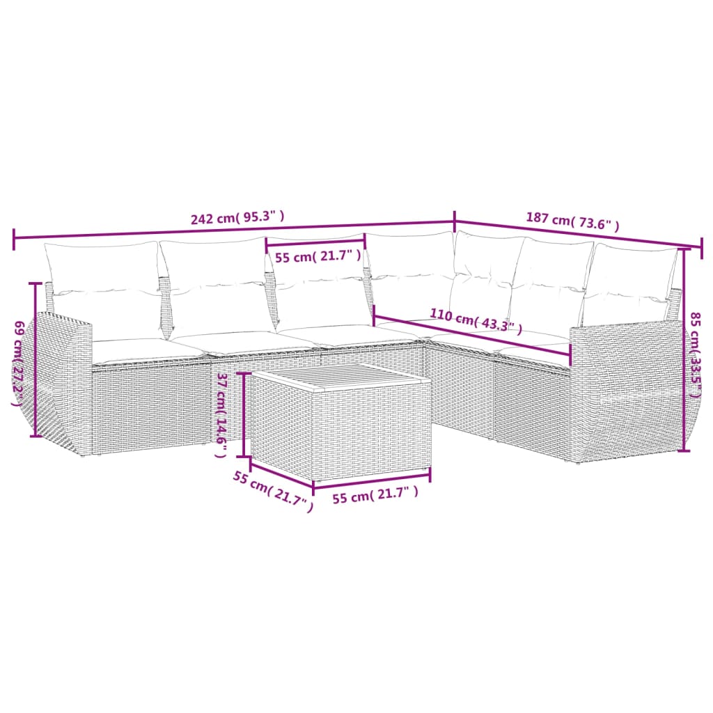 7-tlg. Garten-Sofagarnitur mit Kissen Schwarz Poly Rattan