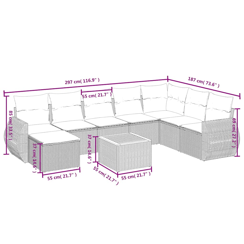 9-tlg. Garten-Sofagarnitur mit Kissen Schwarz Poly Rattan