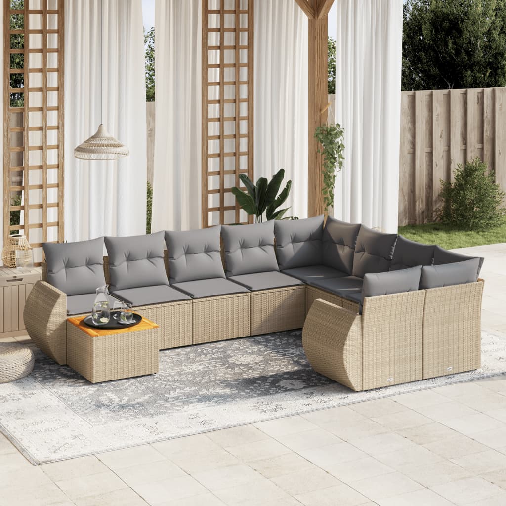 10-tlg. Garten-Sofagarnitur mit Kissen Beige Poly Rattan