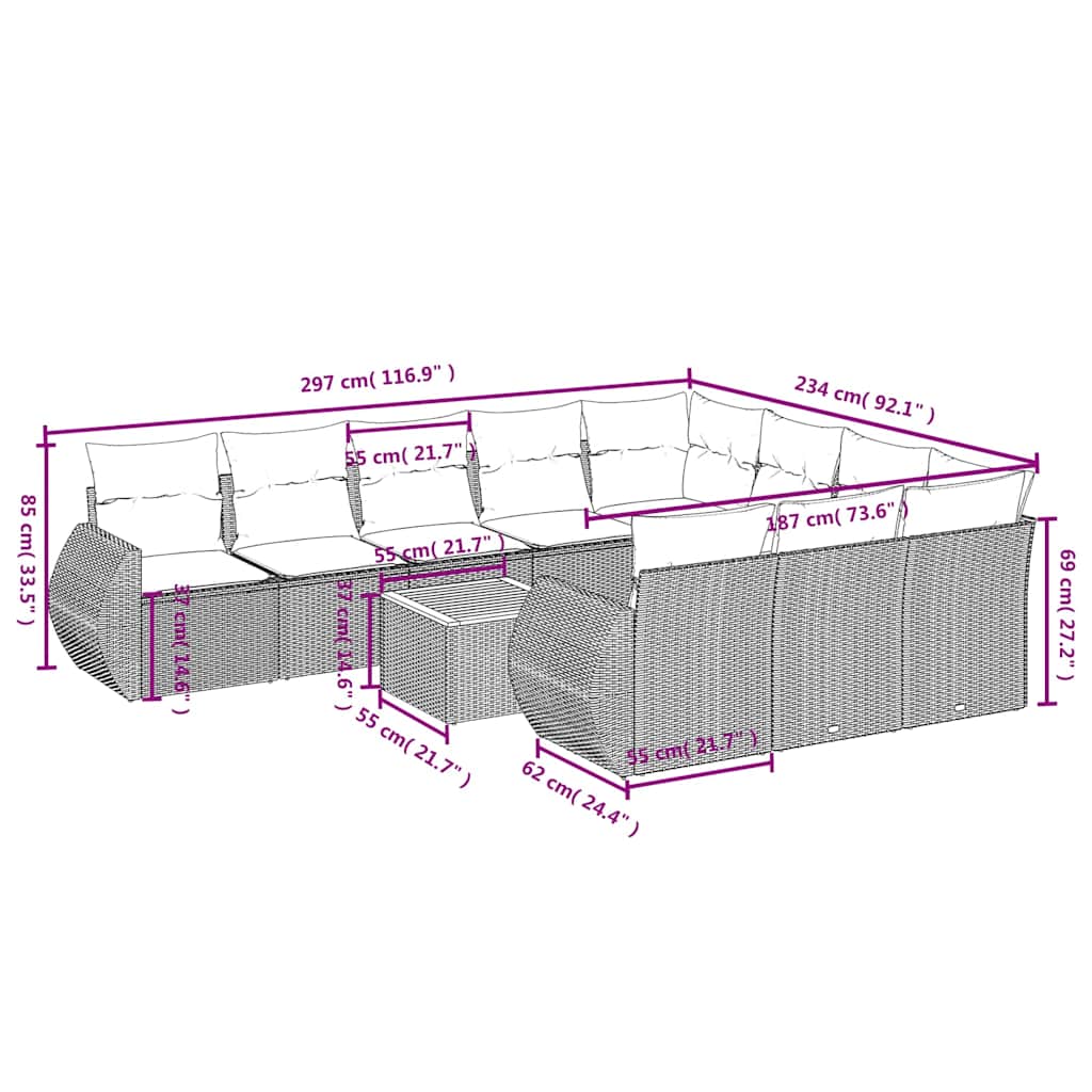 11-tlg. Garten-Sofagarnitur mit Kissen Schwarz Poly Rattan