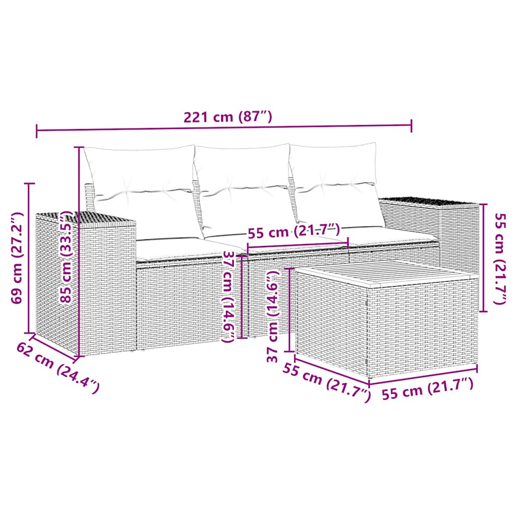 4-tlg. Garten-Sofagarnitur mit Kissen Schwarz Poly Rattan