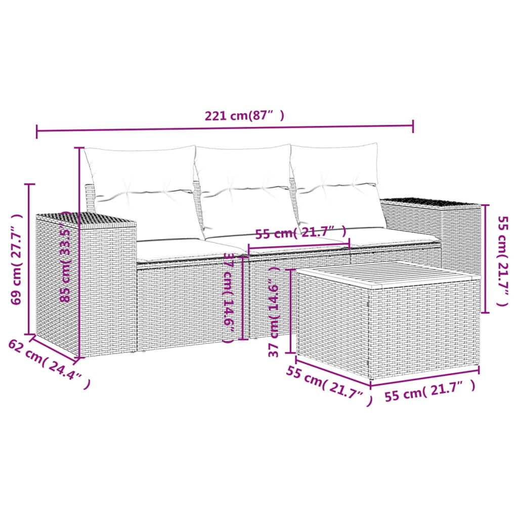 4-tlg. Garten-Sofagarnitur mit Kissen Beige Poly Rattan