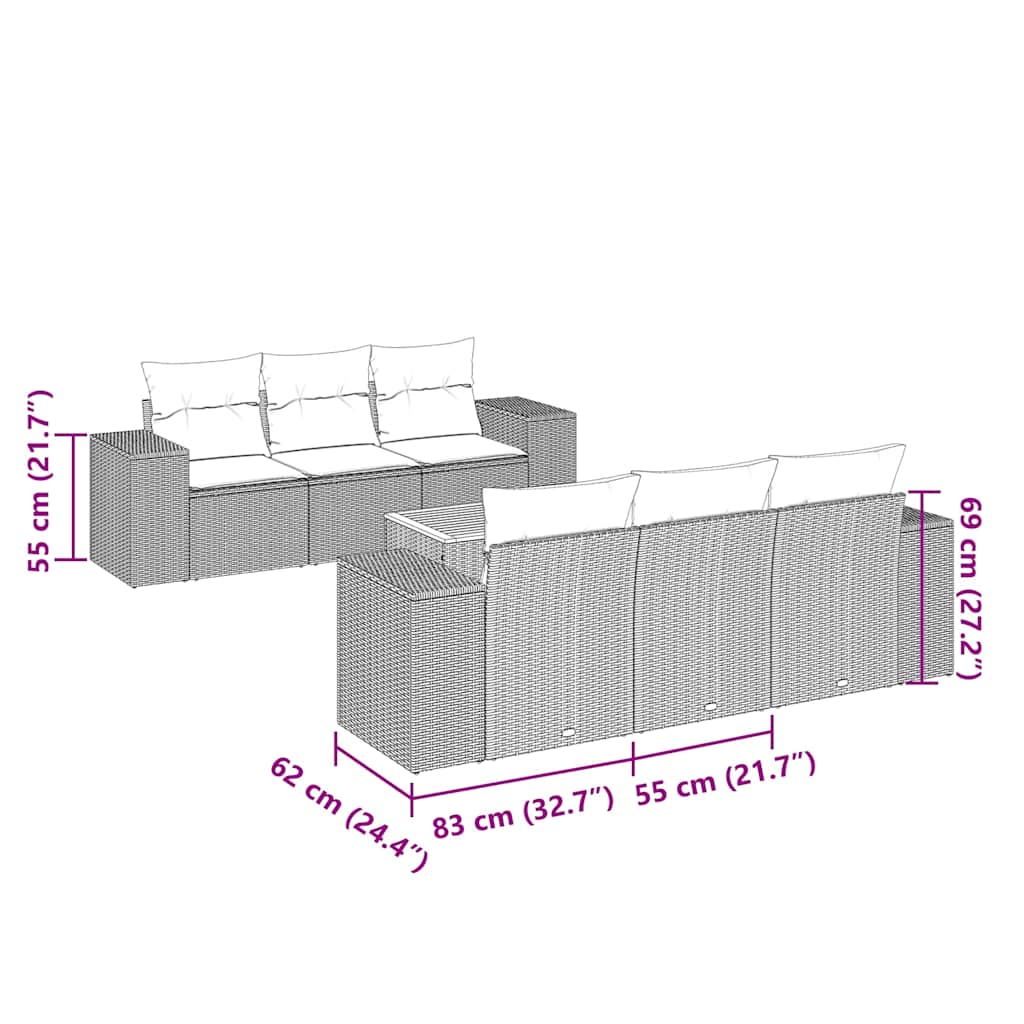 7-tlg. Garten-Sofagarnitur mit Kissen Schwarz Poly Rattan