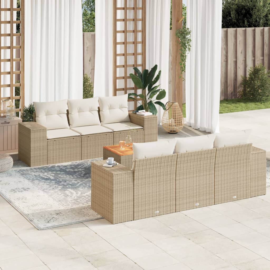 7-tlg. Garten-Sofagarnitur mit Kissen Beige Poly Rattan